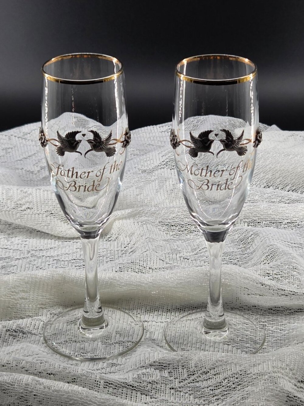 Vtg Rawcliffe Pewter Mother & Father of the Bride Champagne Flutes Gold Rim Pair